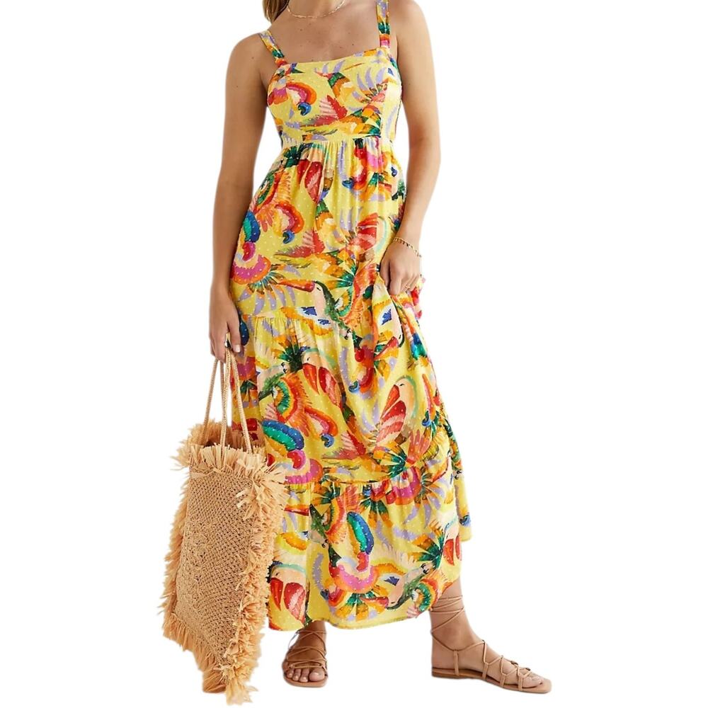 Farm Rio Anthropologie Textured Tropical Bird Maxi Dress Vacation Resortwear - Picture 2 of 10